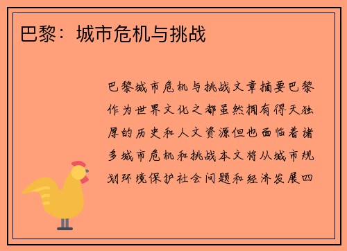 巴黎:城市危机与挑战